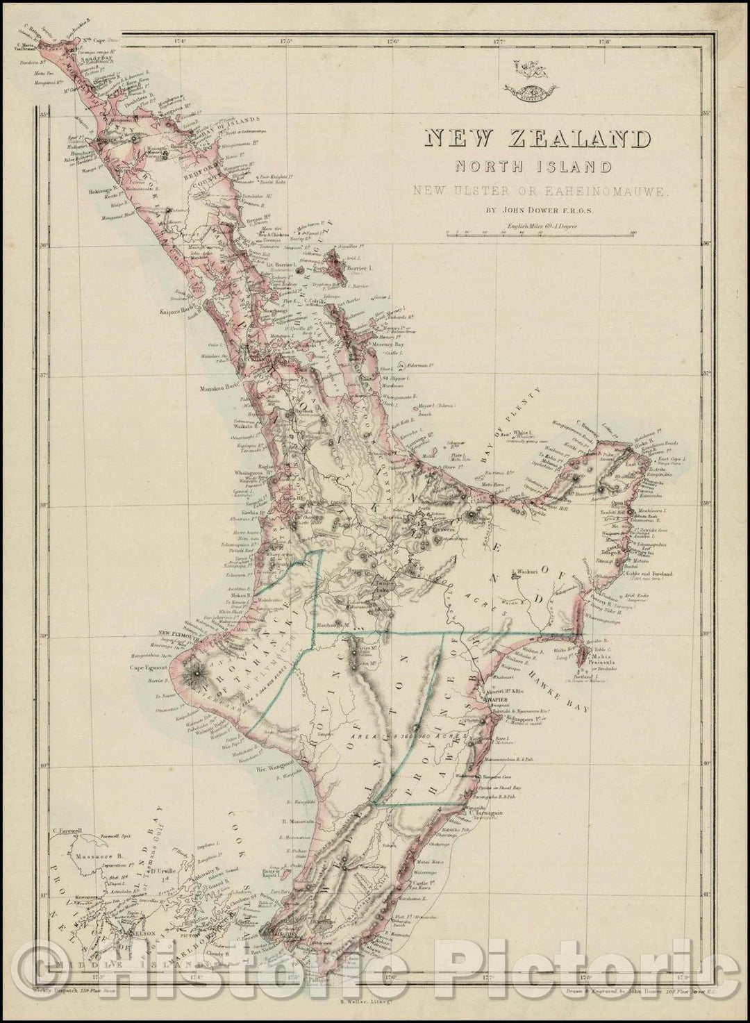 Historic Map - New Zealand North Island. New Ulster or or Eaheinomauwe, 1860, John Dower - Vintage Wall Art