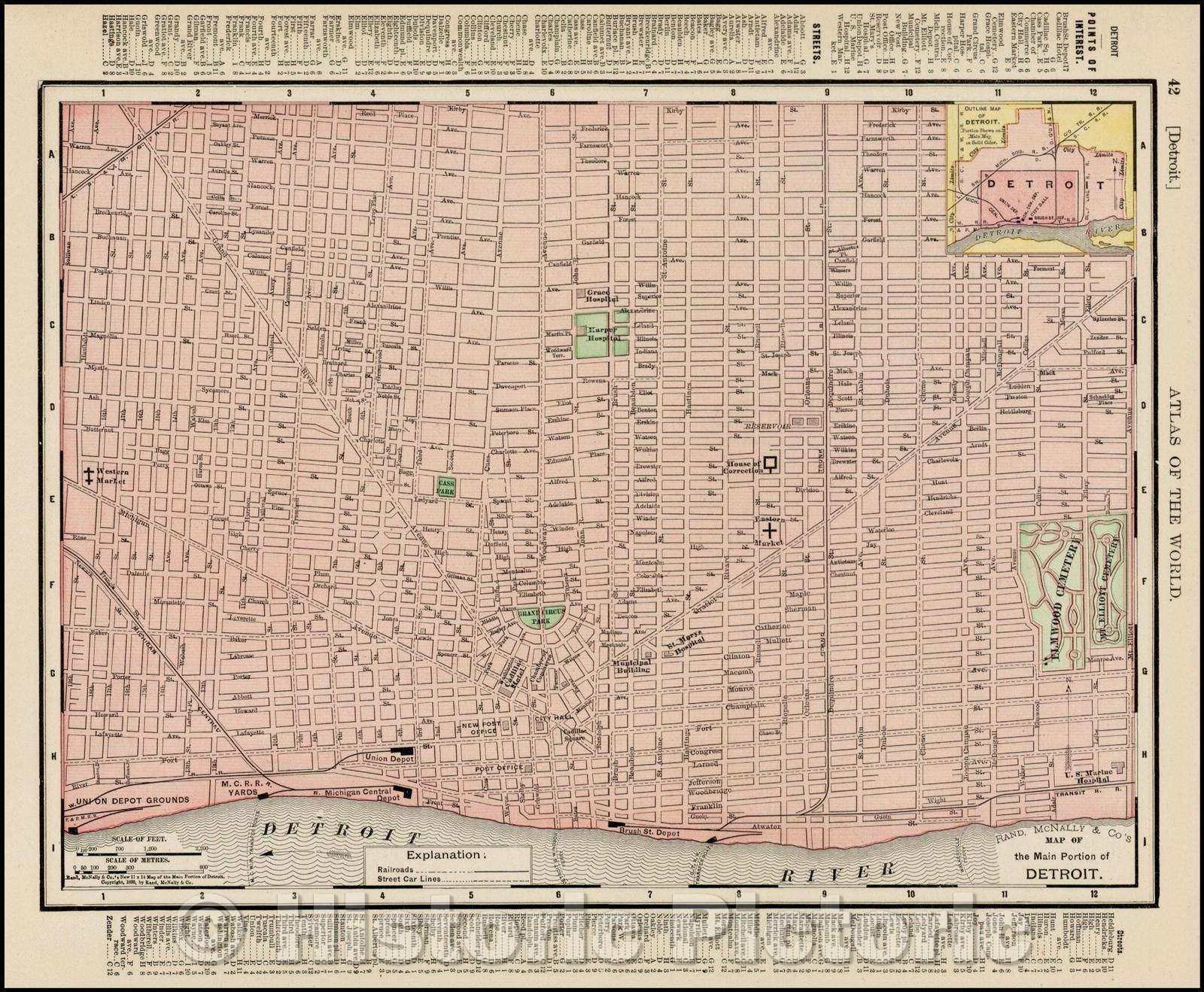 Historic Map - Map of the Main Portion of Detroit, 1898, Rand McNally & Company - Vintage Wall Art