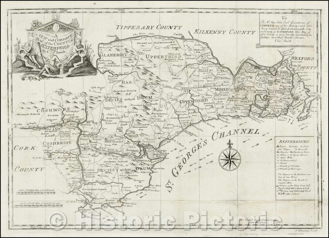 Historic Map - A New and Correct Map of the Country of Waterford, 1745, Charles S. Smith - Vintage Wall Art