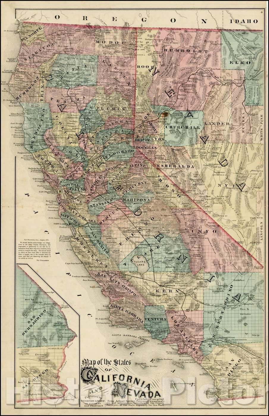 Historic Map - Map of the States of California and Nevada, 1876, Thompson - Vintage Wall Art