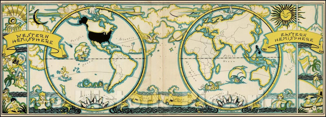 Historic Map - Western Hemisphere and Eastern Hemisphere, 1935, Ruth Taylor White - Vintage Wall Art