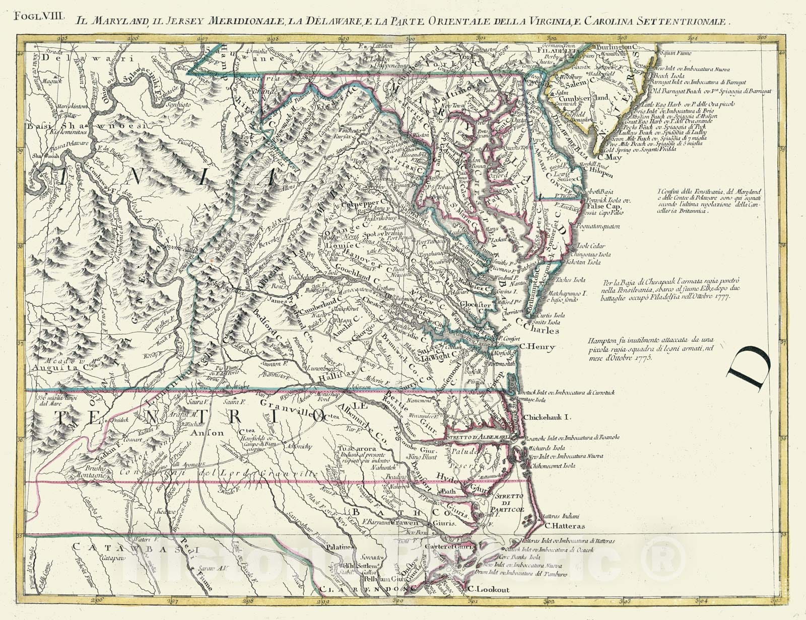 Historic Map - Il Maryland, Il Jersey Meridionale, la Delaware/Map of Southern British Colonies, Philadelphia,Delaware Bay, 1778, Antonio Zatta - Vintage Wall Art