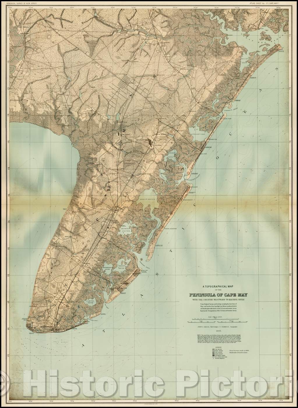 Historic Map - A Topographical Map of the Peninsula of Cape Map with The Country Westward to Maurice River, 1896, Geological Survey of New Jersey - Vintage Wall Art