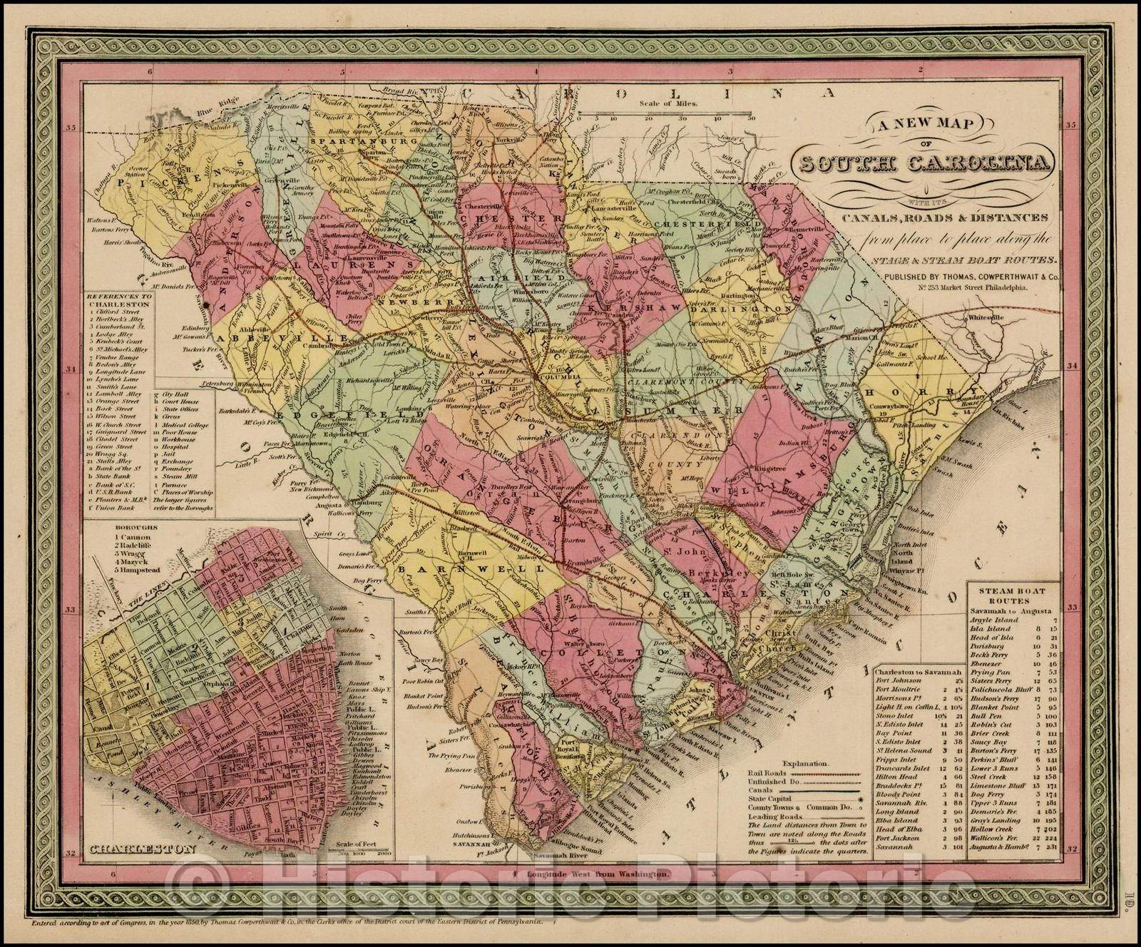 Historic Map - South Carolina with Its Canals, Roads & Distances from place to place and the Stage & Steam Boat Routes (Charleston inset), 1850 - Vintage Wall Art