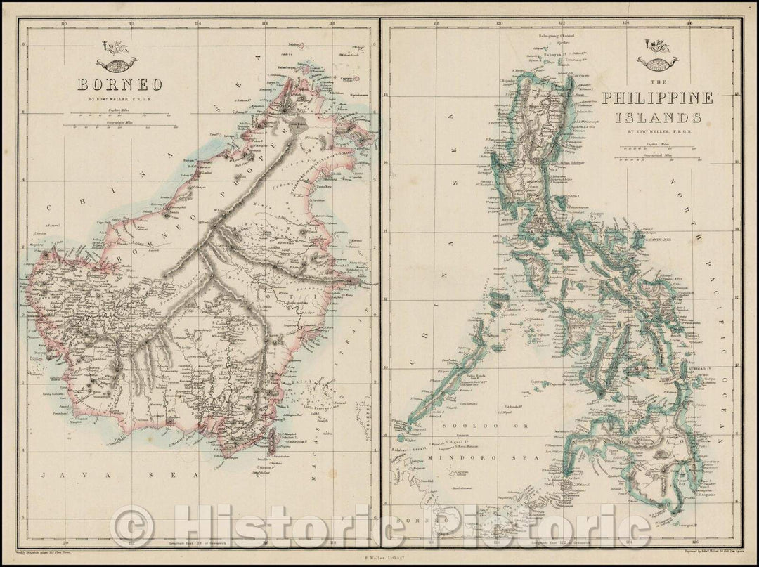 Historic Map - The Philippine Islands (with) Borneo, 1860, Edward Weller - Vintage Wall Art