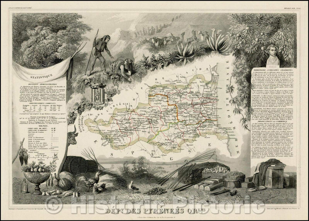 Historic Map - Dept. Des Pyrenees Orles/Map of French Pyrenees, bordering on Spain and the Mediterranean, 1845, Victor Levasseur - Vintage Wall Art