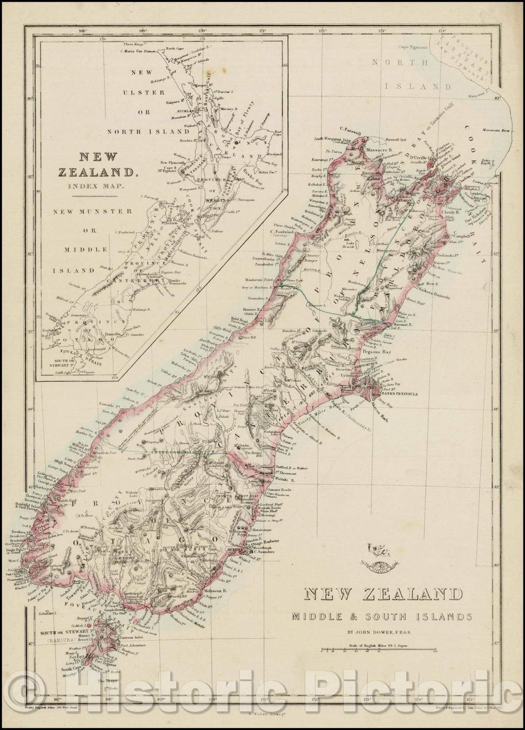 Historic Map - New Zealand Middle & South Islands, 1860, John Dower - Vintage Wall Art