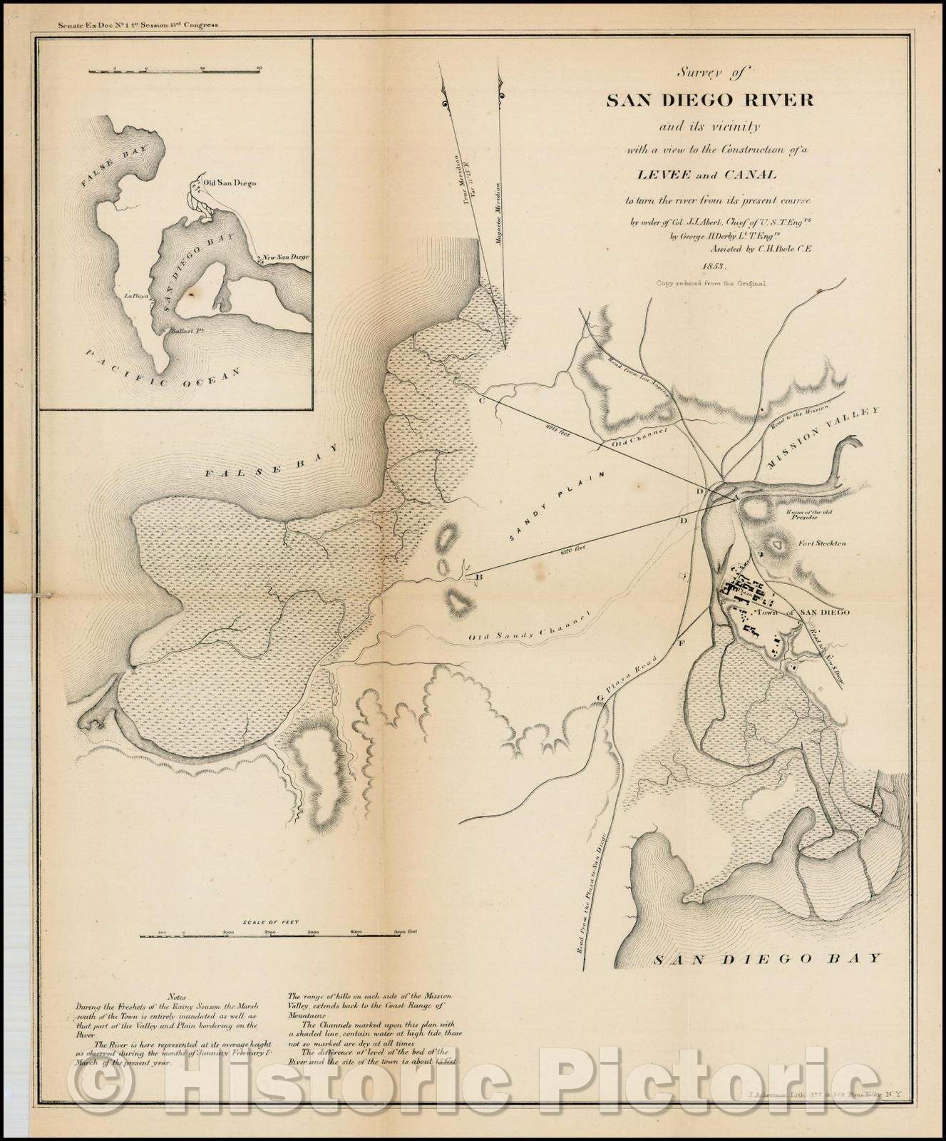 Historic Map - Survey of San Diego River and its vicinity with a view to the Construction of a Levee and Canal to turn the river from its present course, 1853 - Vintage Wall Art