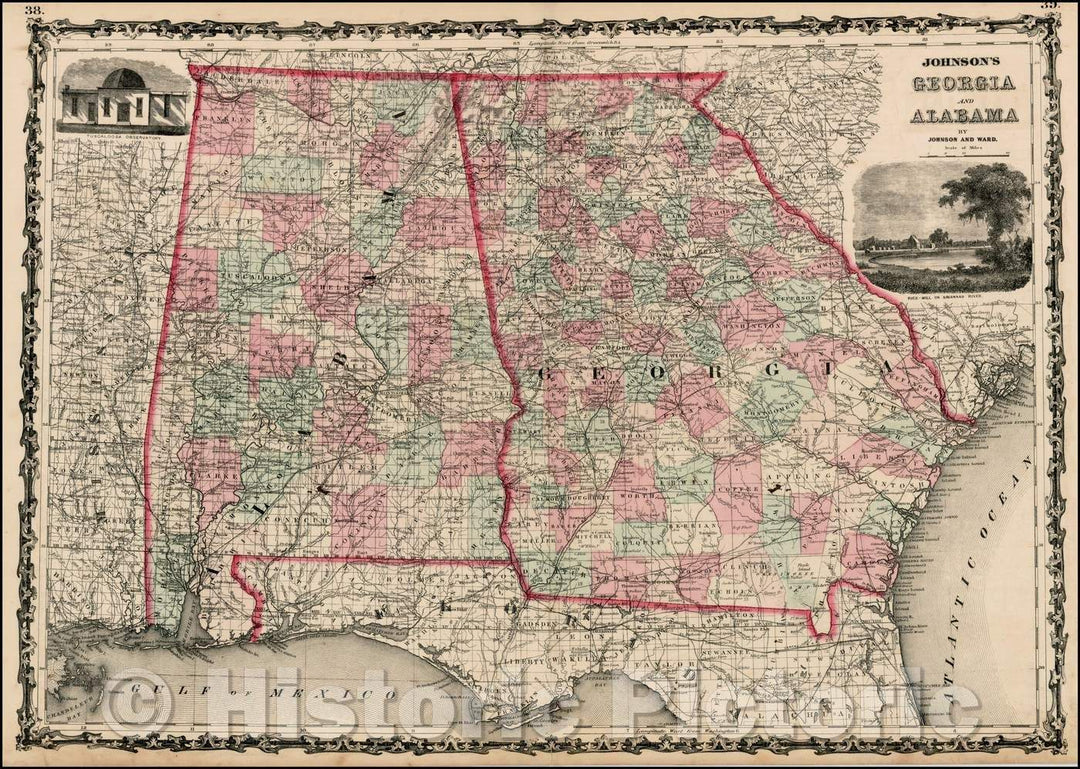 Historic Map - Johnson's Georgia and Alabama, 1862, Benjamin Ward - Vintage Wall Art