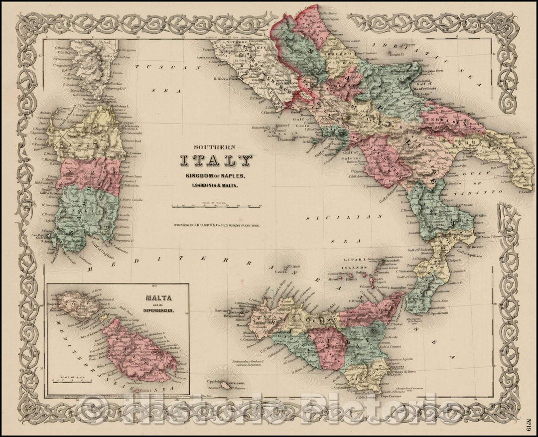 Historic Map - Southern Italy Kingdom of Naples, I Sardinia & Malta, 1856, Joseph Hutchins Colton v1