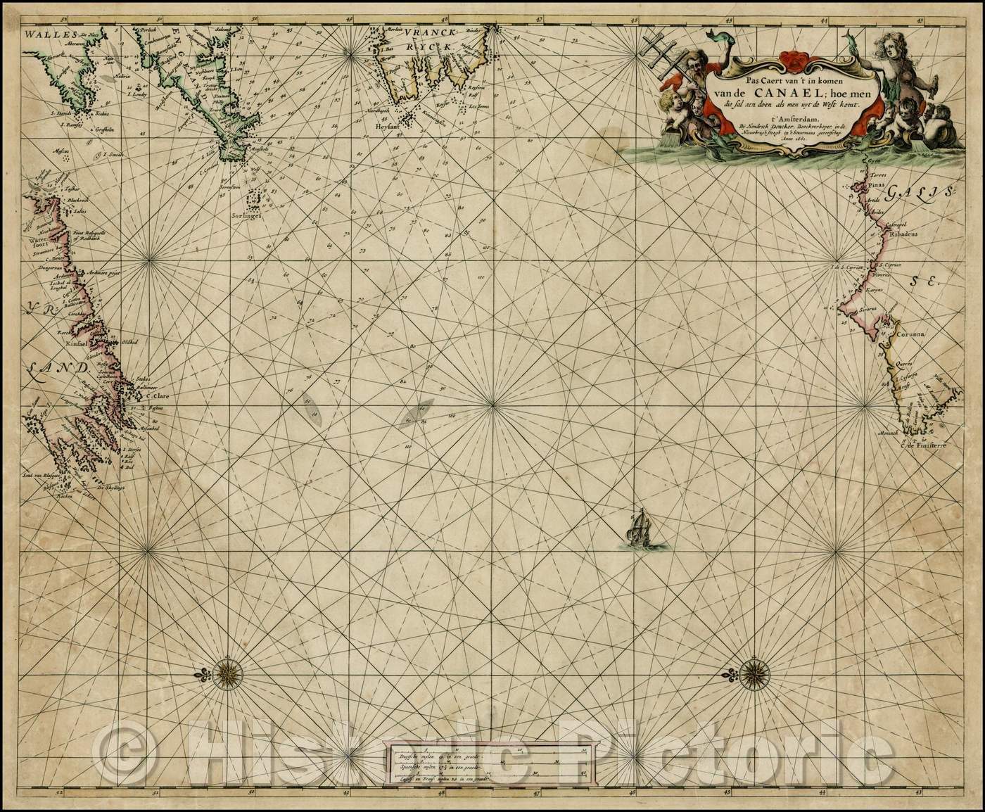 Historic Map - Pas-caerte vant in comen Van De Canael Hoemen/Sea Chart of the area from Galicia to the southern part of the English Channel and Ireland, 1661 - Vintage Wall Art