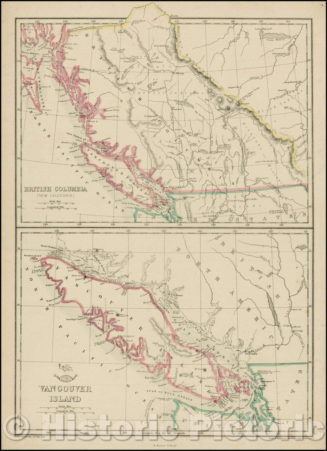 Historic Map - British Columbia (New Caledonia) and Vancouver Island, 1858, Edward Weller - Vintage Wall Art