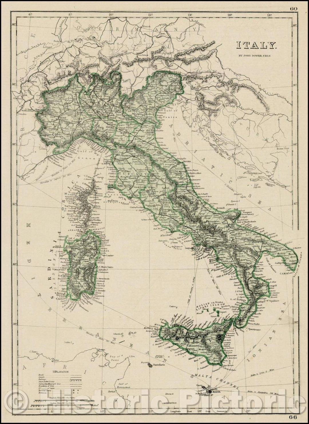 Historic Map - Italy, 1859, John Dower - Vintage Wall Art