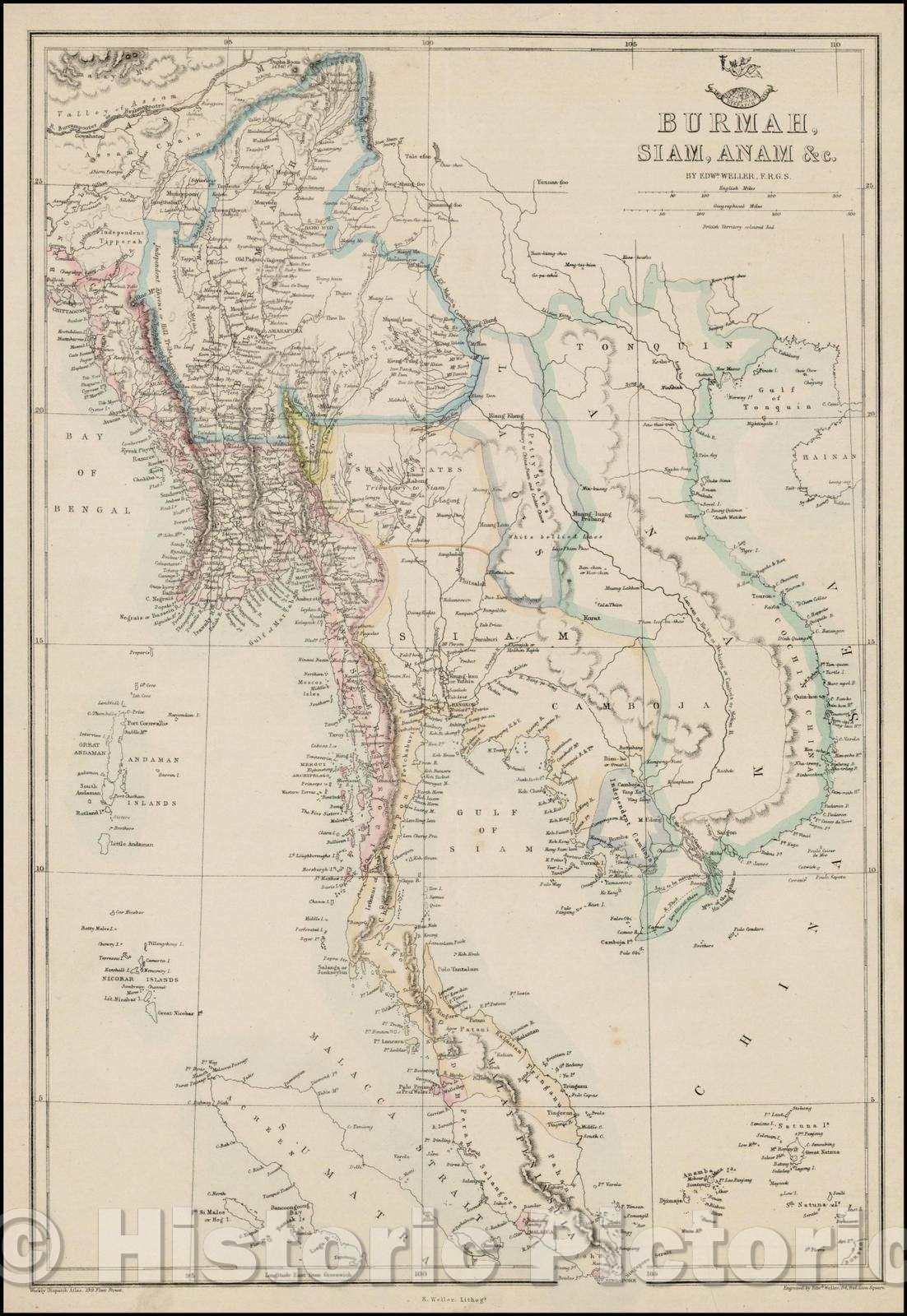 Historic Map - Burmah, Siam, Anam, Southeast Asia from the Bay of Bengal to the Gulf of Tonkin and extending south to Singapore and part of Sumatra, 1859 - Vintage Wall Art