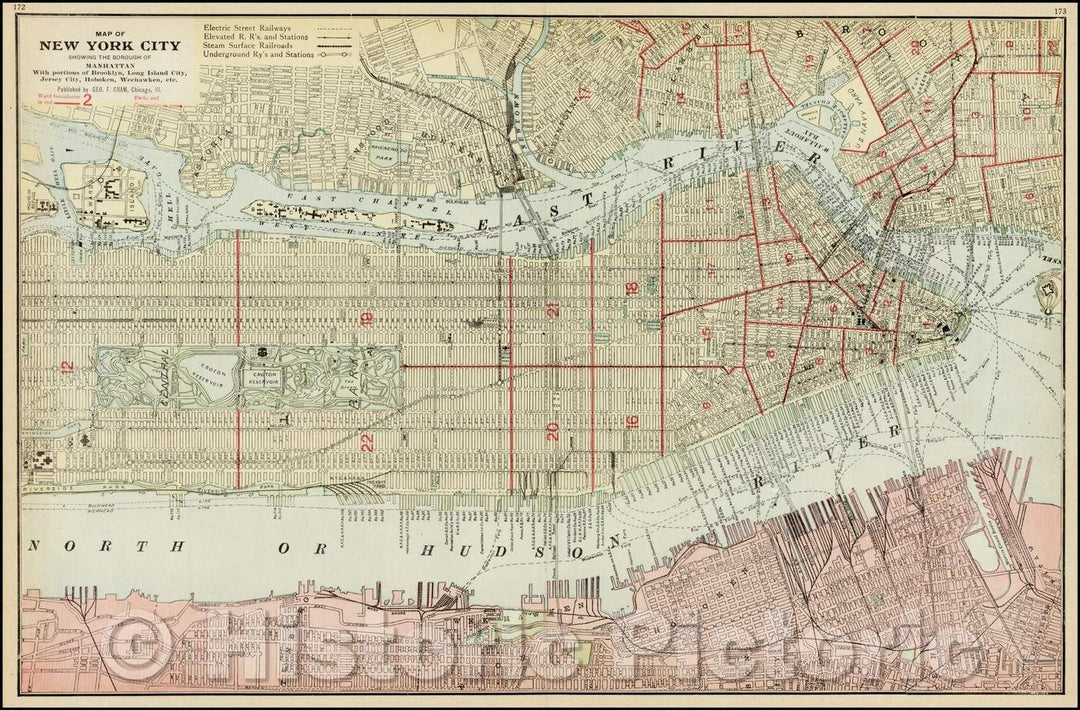 Historic Map - Map of New York City Showing the Borough of Manhattan With Portions of Brooklyn. Long Island City, Jersey City, Hoboken, Weehawken, etc, 1899 v1