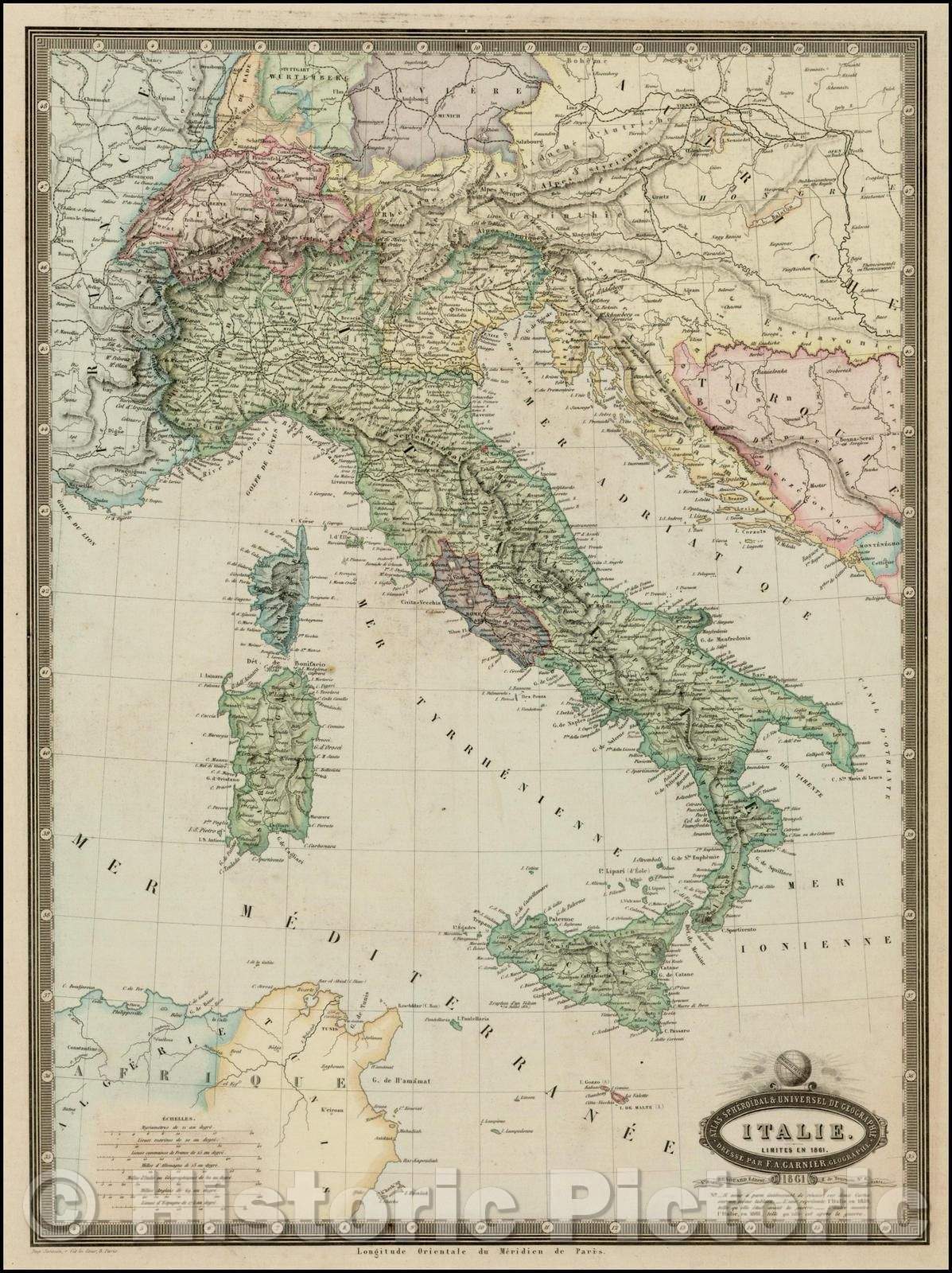 Historic Map - Italie Limites En 1861 / Map of Italy, showing kingdoms, towns, rivers, mountains, lakes, 1861, F.A. Garnier - Vintage Wall Art