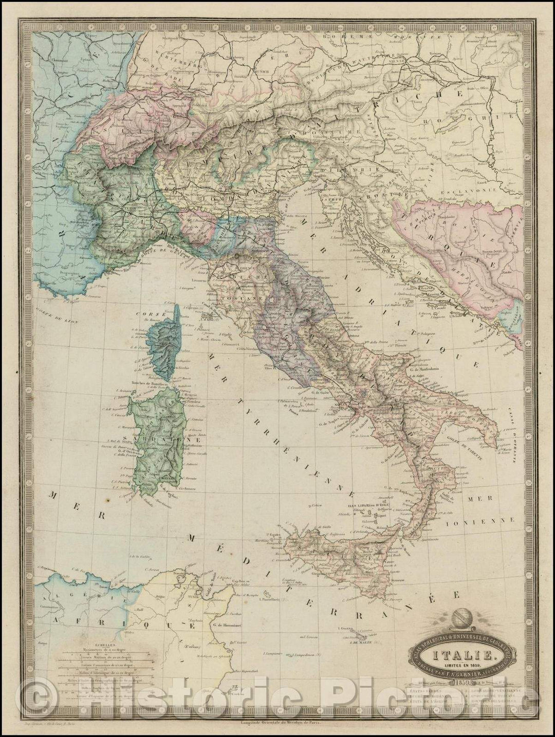 Historic Map - Italie Limites en 1859 / Map of Italy, showing kingdoms, towns, rivers, mountains, lakes, 1861, F.A. Garnier - Vintage Wall Art