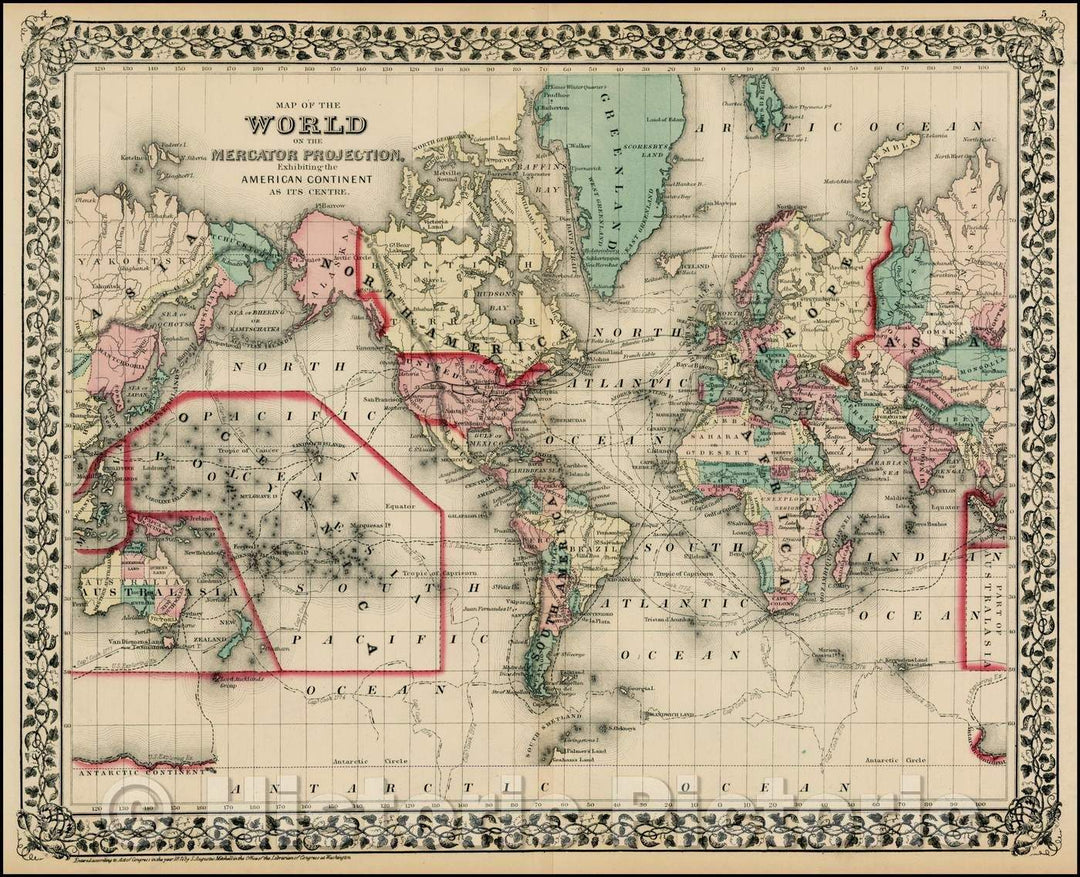 Historic Map - Map of the World on The Mercator Projection, Exhibiting the American Continent As Its Centre, 1874, Samuel Augustus Mitchell Jr. - Vintage Wall Art