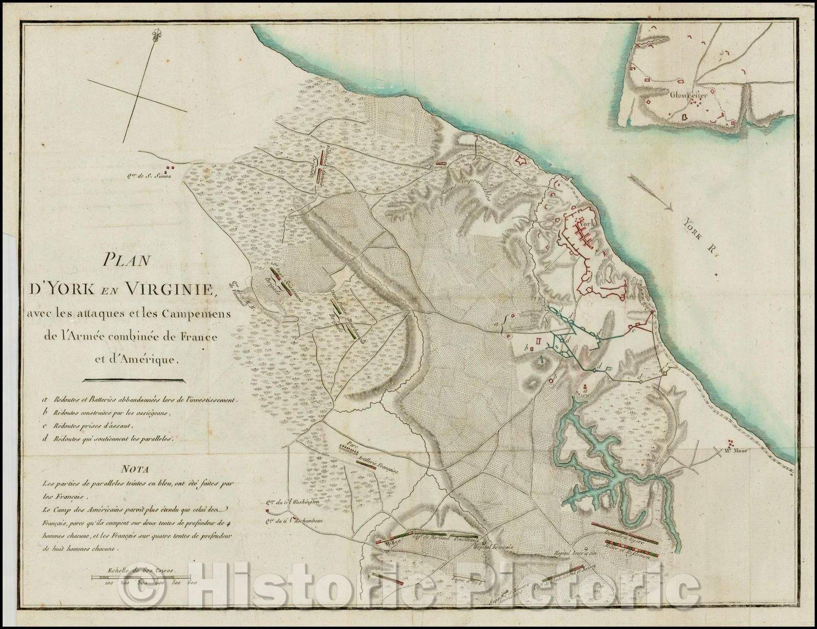 Historic Map - Battle of Yorktown/Plan D'York en Virginie avec les attaques et les Campemens de l'Armee combinee de France et d'Amerique, 1785, Henri Soules - Vintage Wall Art