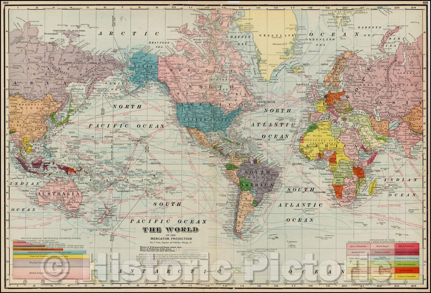 Historic Map - Map of the World on the Mercator Projection, 1898, George F. Cram - Vintage Wall Art