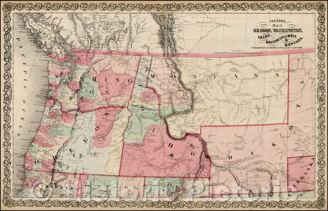 Historic Map - Colton's Map of Oregon, Washington, Idaho, British Columbia & Montana, 1865, Joseph Hutchins Colton v1