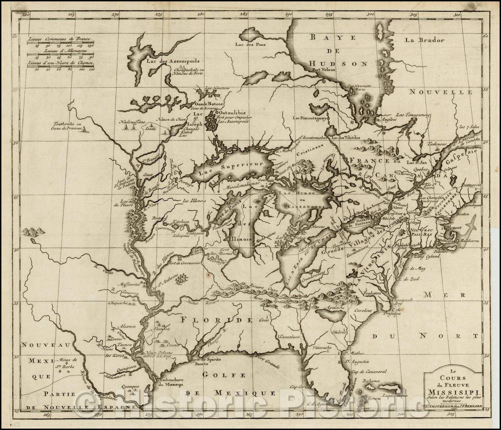 Historic Map - Le Cours du Fleuve Missisipi, selon les Relations les plus moderns. A Amsterdam chez, 1737, J.F. Bernard - Vintage Wall Art