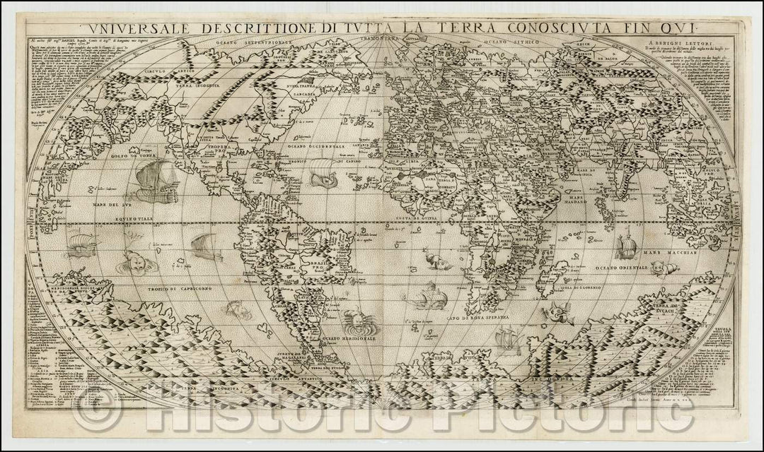 Historic Map - Universale Descrittione Di Tutta la Terra Consciuta Fin Qui/Forlani's third Map of the world, 1570, Paolo Forlani - Vintage Wall Art