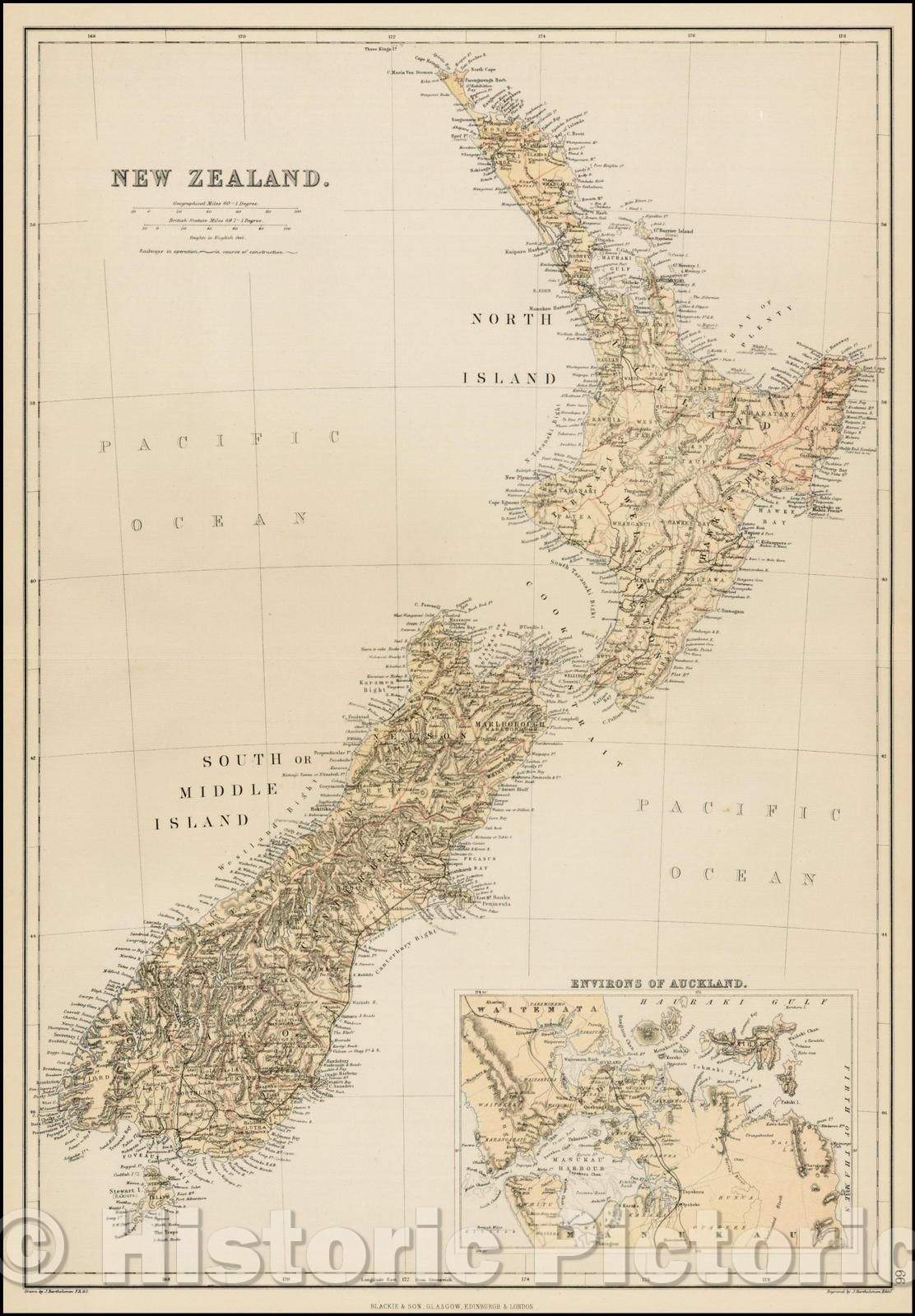 Historic Map - New Zealand (with Environs of Auckland), 1860, Blackie & Son - Vintage Wall Art