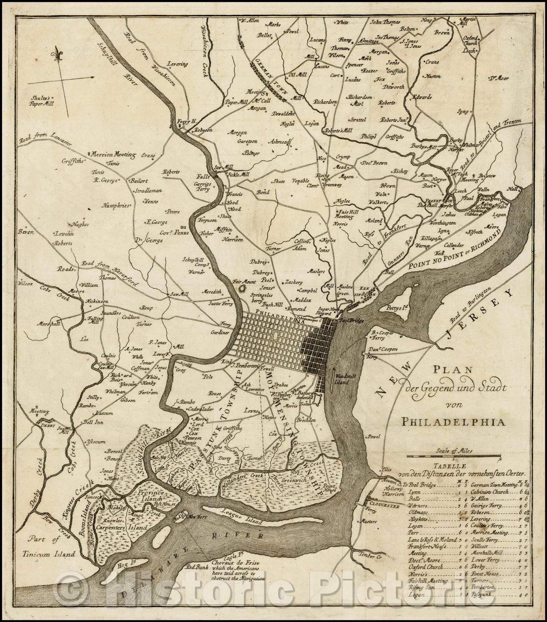 Historic Map - Plan der Gegend und Stadt von Philadelphia/Map of the area and the city of Philadelphia, 1778, Gabriel Nikolaus Raspe - Vintage Wall Art