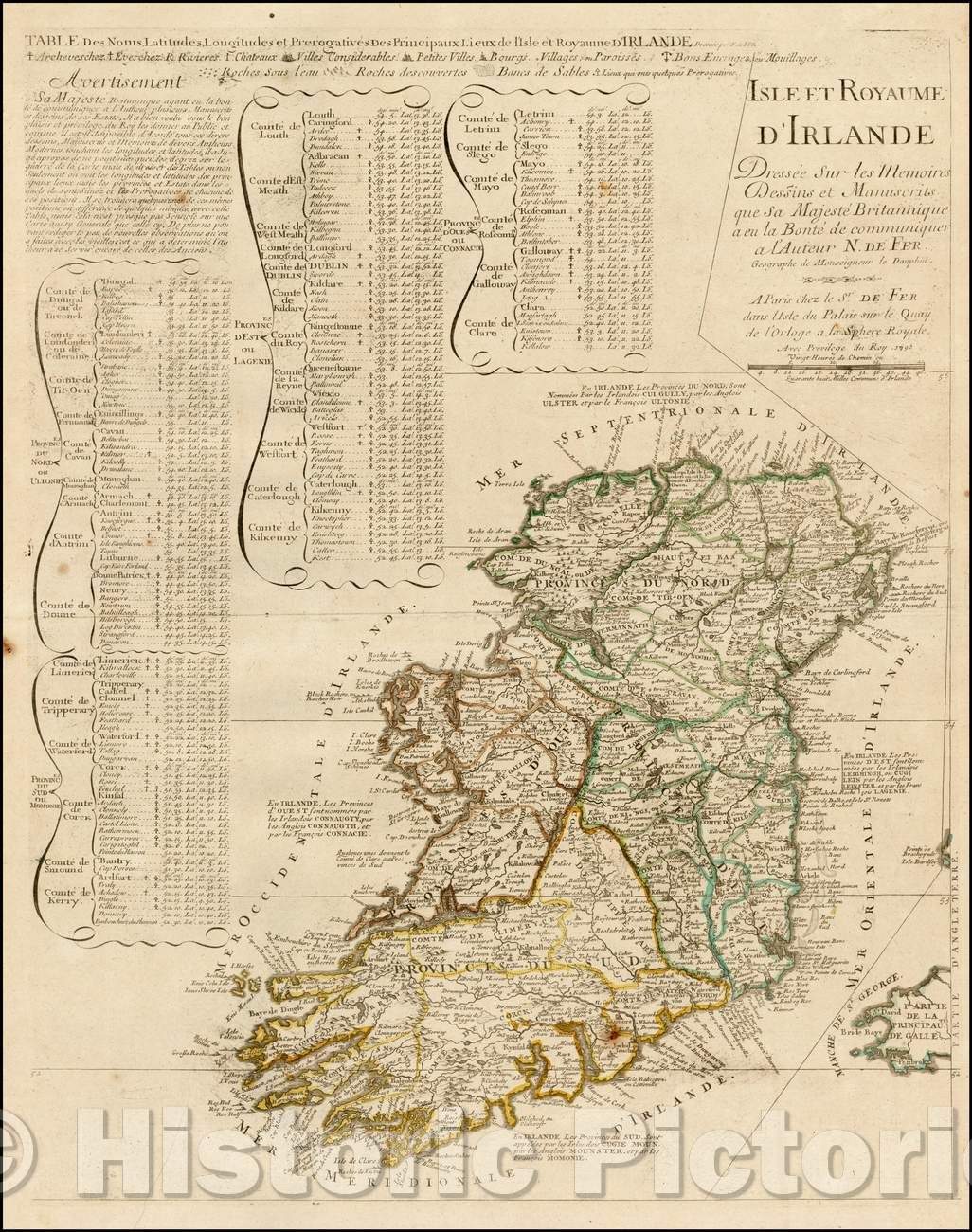 Historic Map - Isle et Royaume D'Irlande/Map of Ireland, including also a list of all the counties and main towns and their location, 1706 - Vintage Wall Art