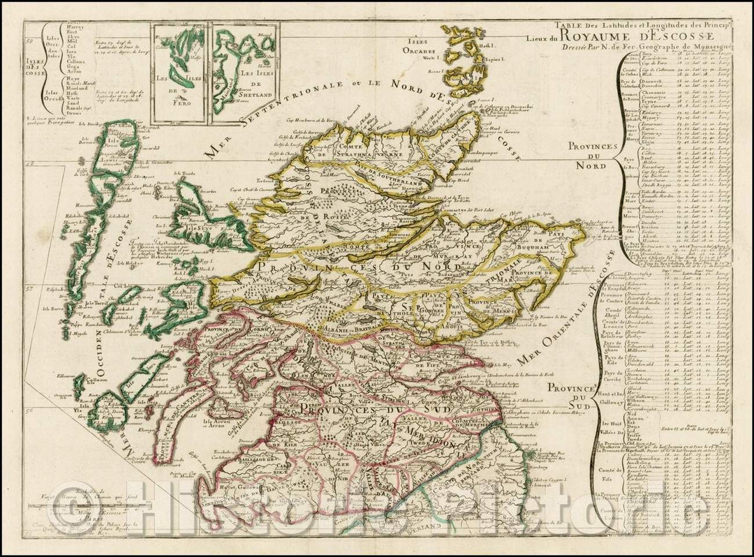 Historic Map - (Scotland) Royaume D'Ecosse/Map of Scotland, including a table showing the various divisions of the country, 1706, Nicolas de Fer - Vintage Wall Art