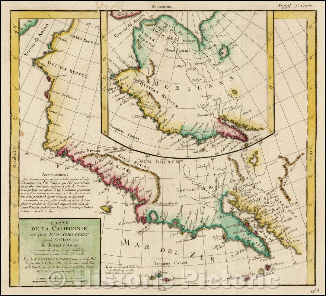 Historic Map - Carte De La Californie Et Des Pays Nord Ouest separes de L'Asie par le Detroit d'Anian, 1772, Denis Diderot v1