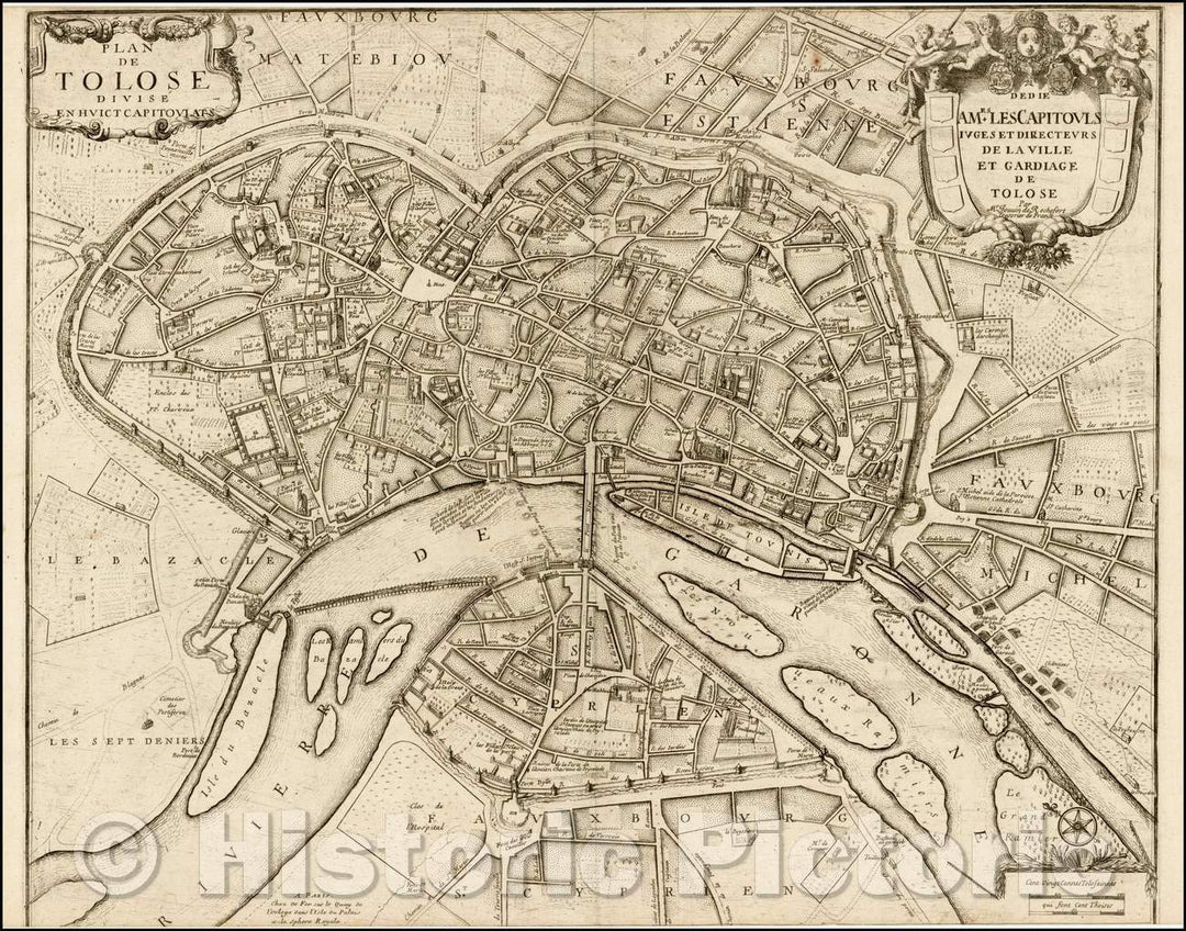 Historic Map - Plan De Tolose Divise en Huict Captoulats/Plan of the City of Tolouse by Nicholas De Fer, published in Paris, 1710, Nicolas de Fer - Vintage Wall Art