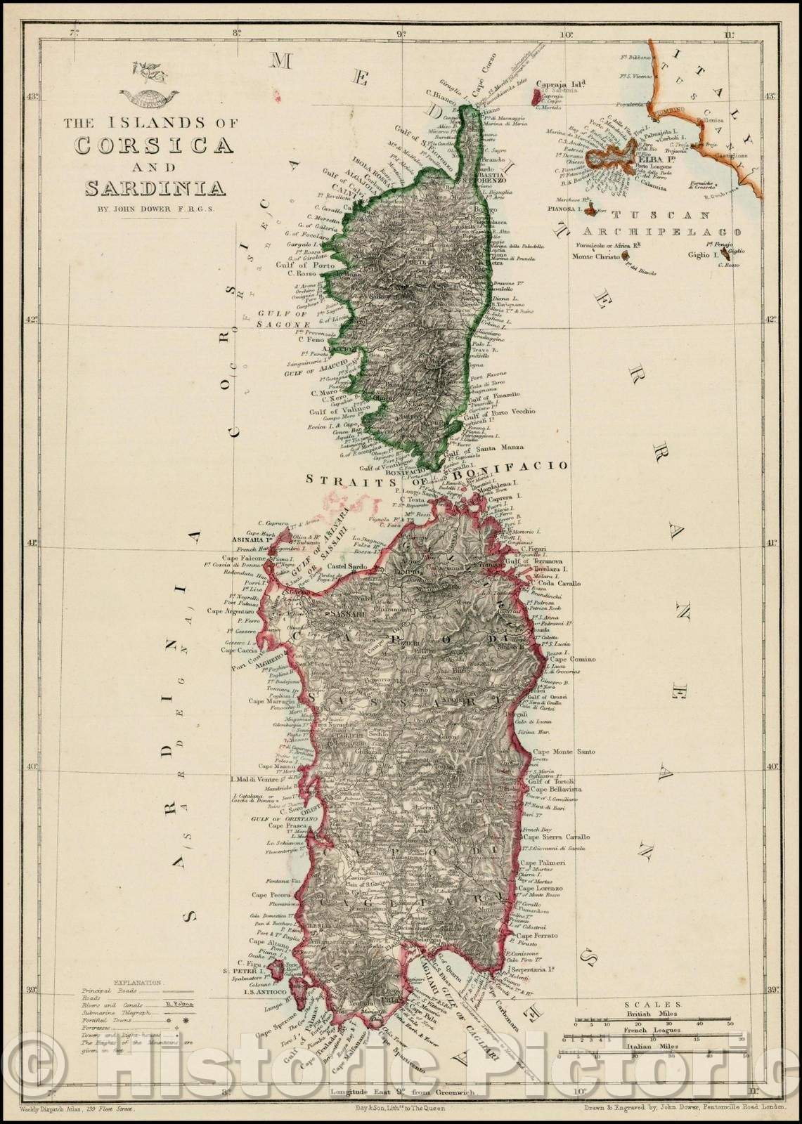 Historic Map - The Islands of Corsica and Sardinia, 1860, Day & Son - Vintage Wall Art