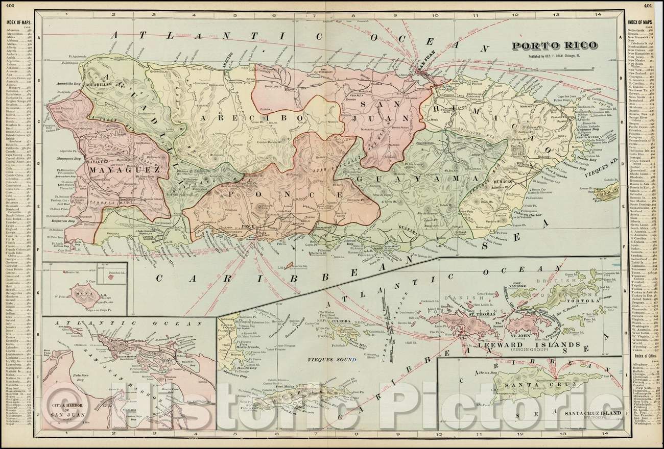 Historic Map - Porto Rico [with the Virgin Islands], 1899, George F. Cram - Vintage Wall Art