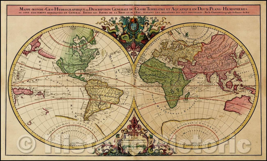 Historic Map - Mappe-Monde Geo-Hydrographique, Plans-Hemispheres/Geo-Hydrographic World Map, Aquatic Globe in Two Hemispheres, 1690 - Vintage Wall Art