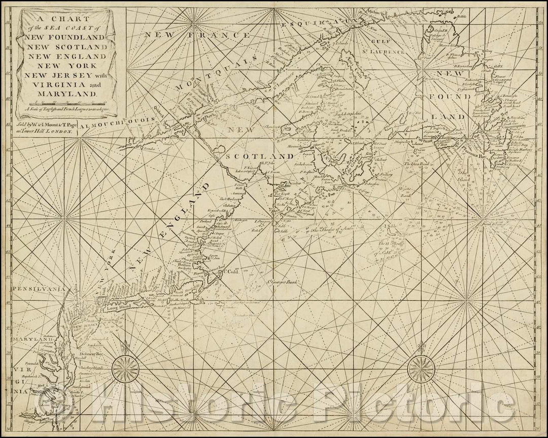 Historic Map - A Chart of the Sea Coast of New Foundland New Scotland New England New York New Jersey with Virginia and Maryland, 1750, William Mount - Vintage Wall Art