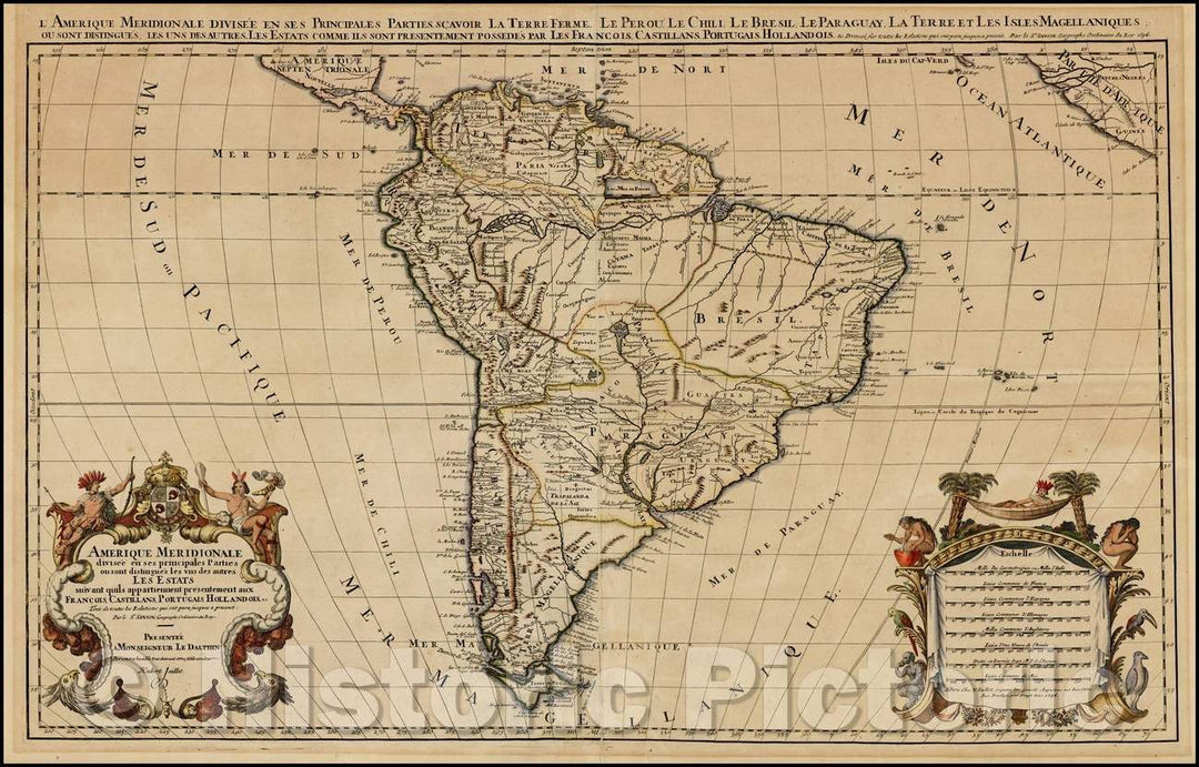 Historic Map - L'Amerique Meridionale Divisee En ses Principales Parties / 2-sheet Map of South America, published by Hubert Jaillot, 1696 - Vintage Wall Art