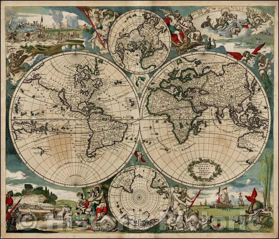 Historic Map - Nova Totius Terrarum Orbis Tabula per I Danckerts cum Privil./World Map Table 1 Schenk along with Privil, 1690, Justus Danckerts - Vintage Wall Art