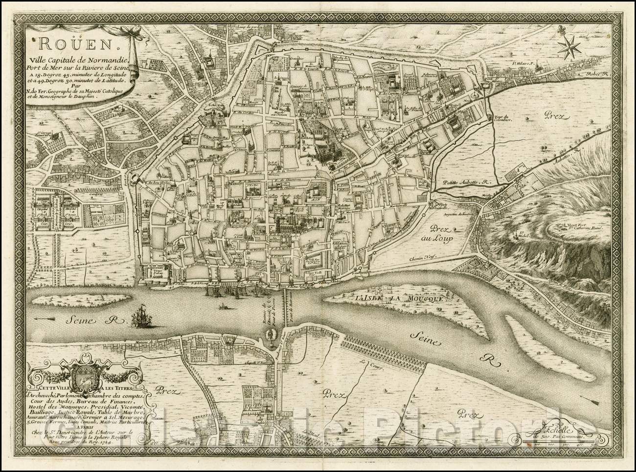 Historic Map - Rouen. Ville Capitale de Normandie, Port de Mer sur la Riviere Seine/Plan of the City of Rouen by Nicholas De Fer, published in Paris, 1724 - Vintage Wall Art