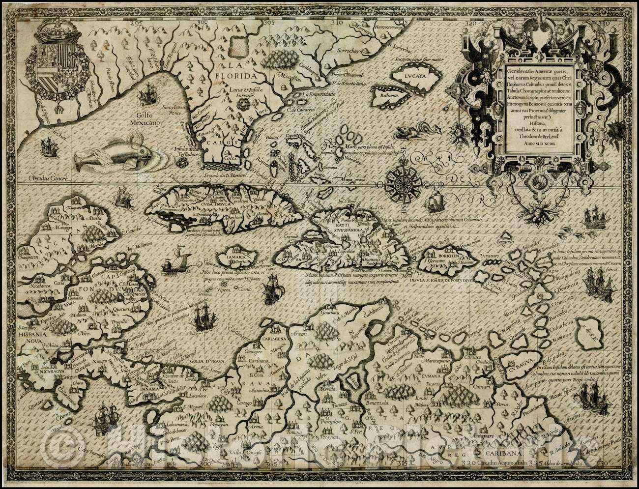 Historic Map - Occidentalis Americae partis, vel earum Regionum quas Christophorus Col/Map of Florida, Gulf Coast, Caribbean and South America, 1594 - Vintage Wall Art