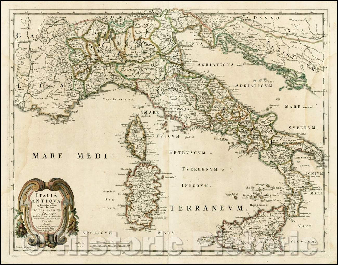 Historic Map - Italia Antiqua cum Itineribus antiquis Cum Insulis Sicilia Sardinia & Corsica/Map of Italy, Sicily, Corsica and Sardinia, 1675 - Vintage Wall Art