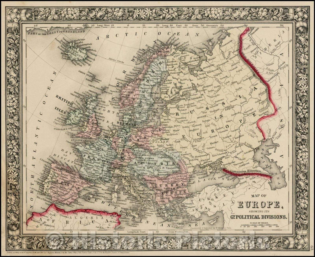 Historic Map - Map Of Europe, Showing It's Gt. Political Divisions, 1862, Samuel Augustus Mitchell Jr. v2