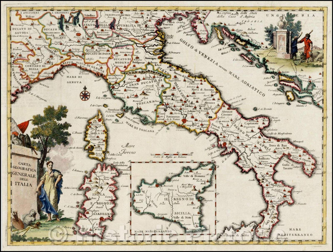 Historic Map - Carta Geografica Generale Dell' Italia with Sicily, Corsica & Sardinia, 1750, Giambattista Albrizzi - Vintage Wall Art