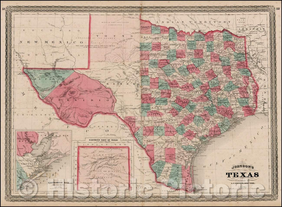 Historic Map - Johnson's Texas, 1869, Alvin Jewett Johnson - Vintage Wall Art