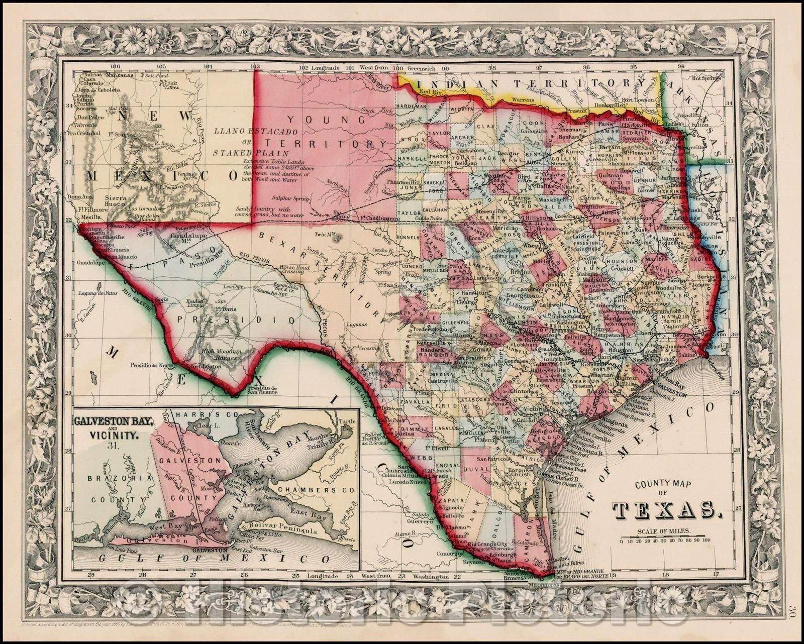 Historic Map - County Map of Texas, 1864, Samuel Augustus Mitchell Jr. - Vintage Wall Art