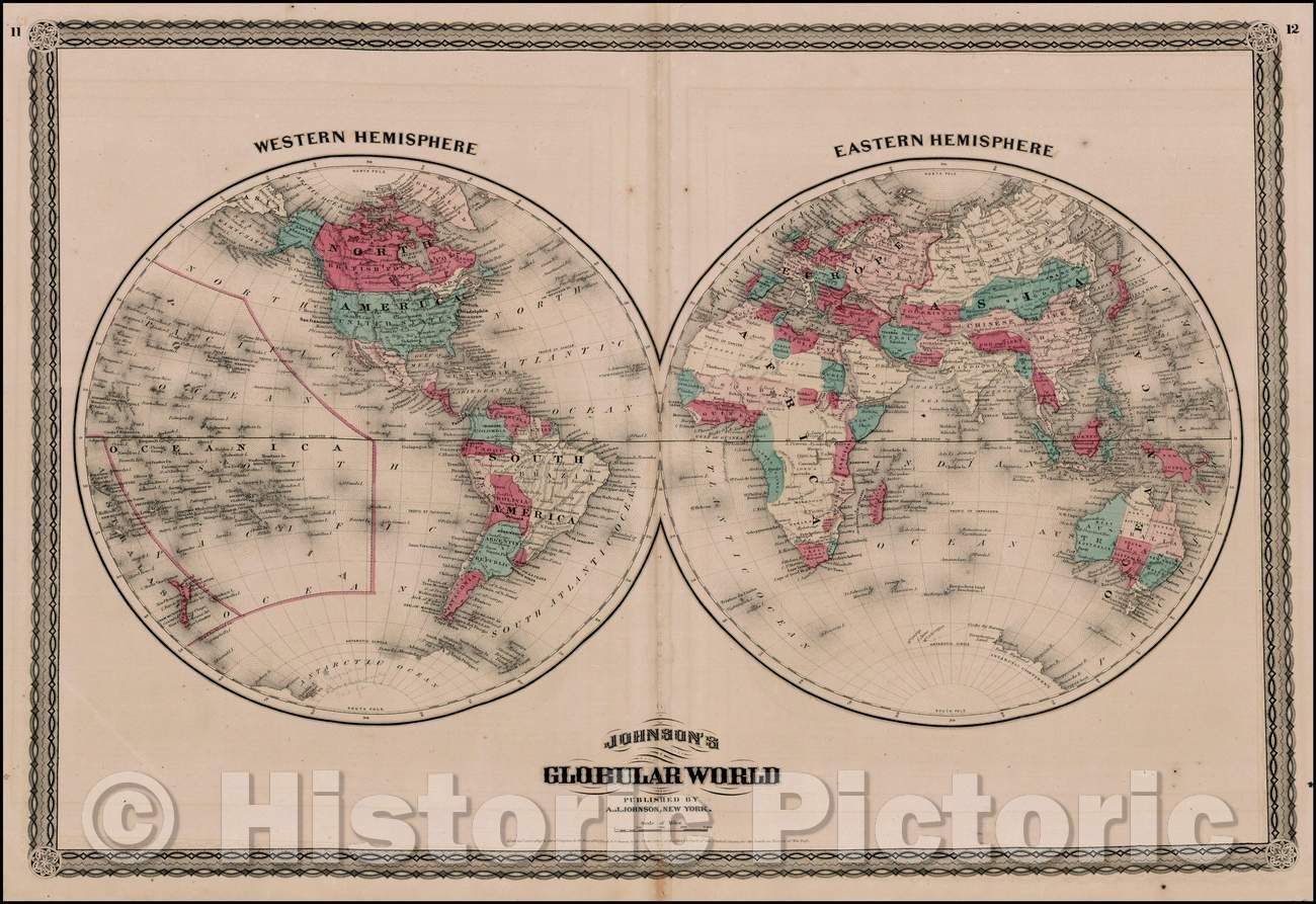 Historic Map - Johnson's Globular World, 1867, Benjamin Ward - Vintage Wall Art