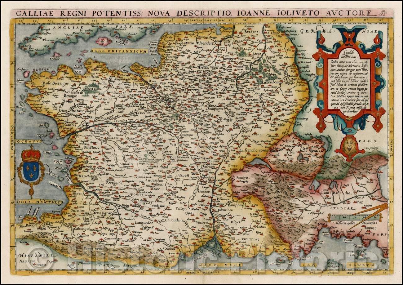 Historic Map - Galliae Regni Potentiss: Nova Descriptio Joanne Ioliveto A/Map of France, Switzerland and Italy, from Ortelius'Theatrum Orbis Terrarum, 1579 - Vintage Wall Art