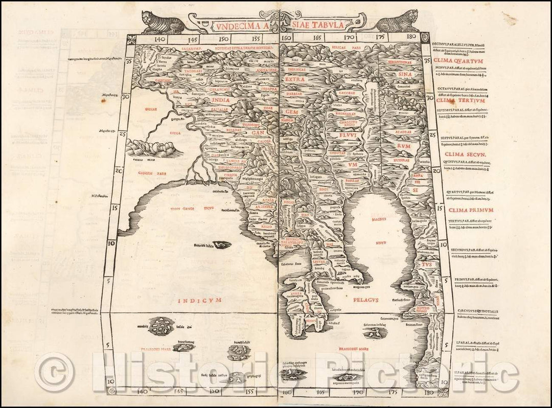 Historic Map - Undecima Asiae Tabula [India, Southeast Asia] / Sylvanus' Map of Southeast Asia, China, India, and adjoining Regions, 1511, Bernardus Sylvanus - Vintage Wall Art