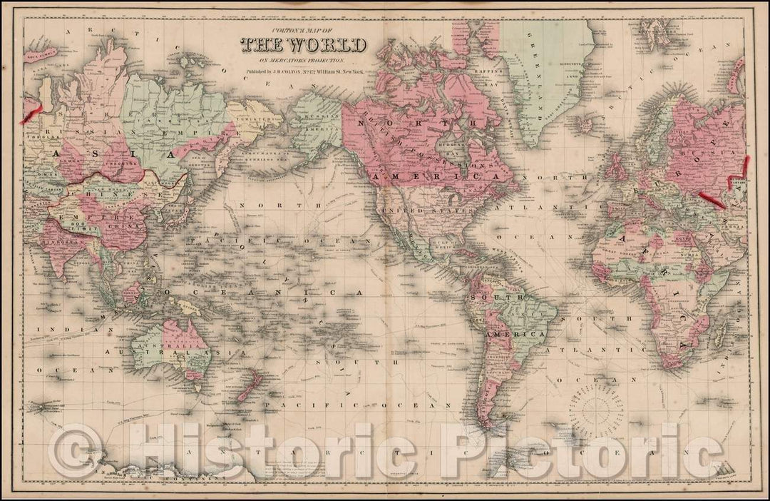 Historic Map - Colton's Map of the World on Mercator's Projection, 1857, Joseph Hutchins Colton - Vintage Wall Art